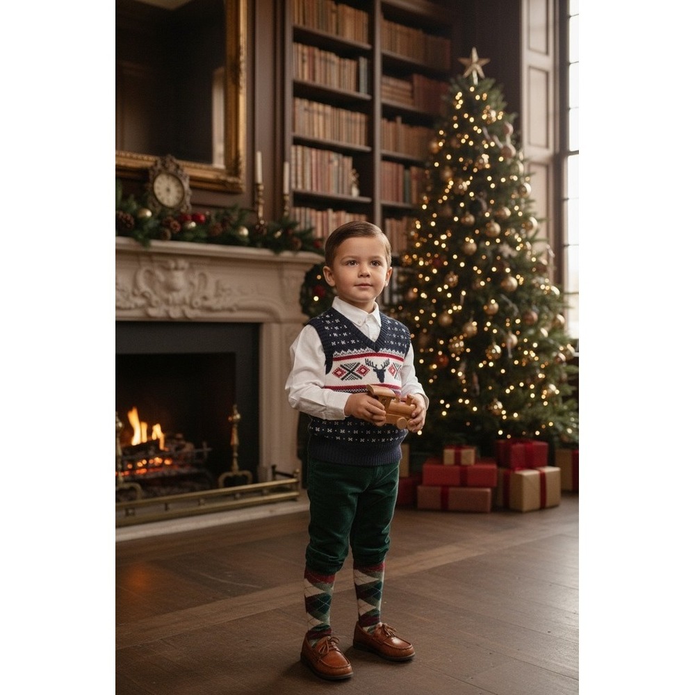 Chaps Sweater Vest Boys‎ 4/4T Black Red Fair Isle Reindeer Old money Christmas
